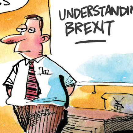 Cartoon of man standing in front of a board that says understanding brexit