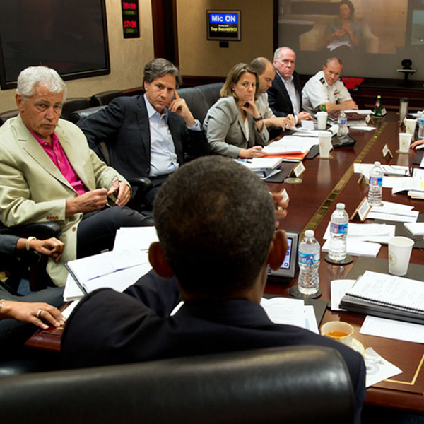 President Obama talking to his advisors in the situation room