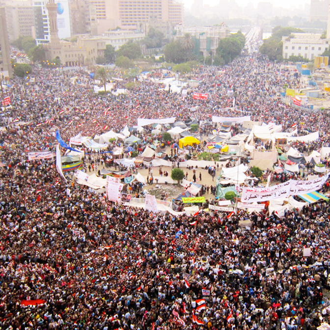 Large crowd of protestors in Tahrir Square, Cairo