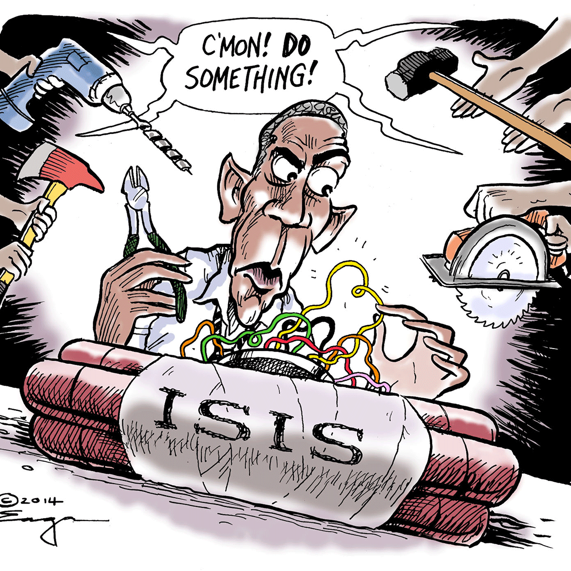 Cartoon of Barack Obama diffusing a bomb labeled 'ISIS' while people holding indelicate tools say 'Cmon! do something!'