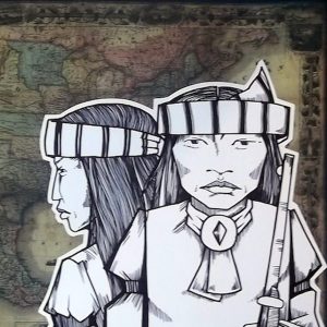 Two exquisitely hand-drawn Native Americans, one facing forward and one to the side, over an old map of the United States in muted colors