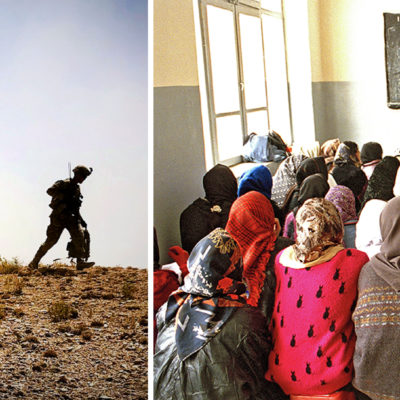 Collage of US soldiers exiting a helicopter and a classroom of girls wearing headscarves