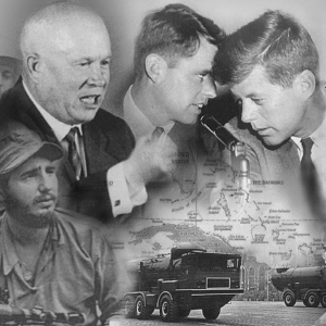 Collage of Nikita Khrushchev, Robert and John Kennedy, Fidel Castro, and tanks