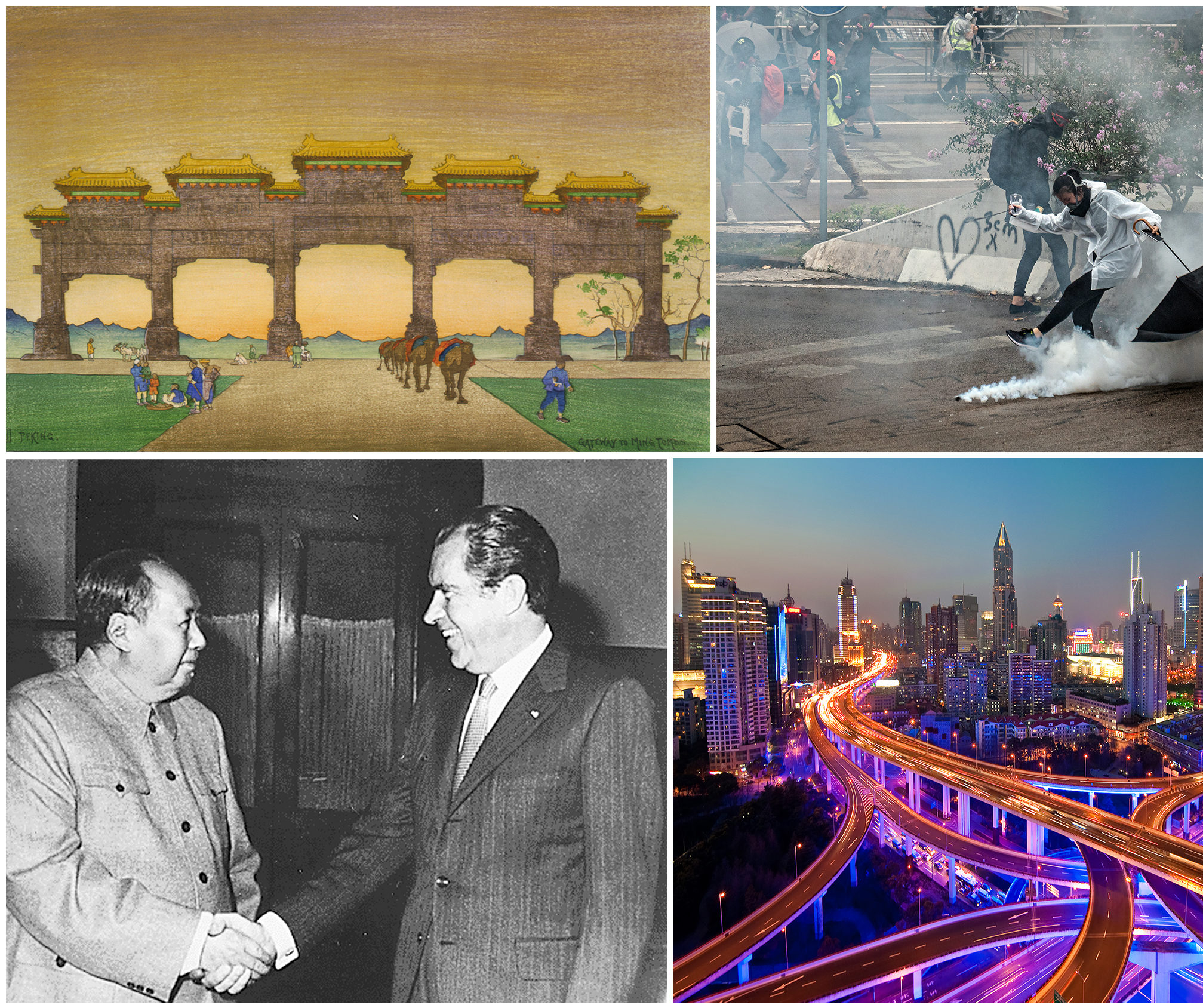 Collage of an illustration of ancient arches, a protestor kicking a tear gas bottle, Richard Nixon meeting Mao Zedong, and Shanghai