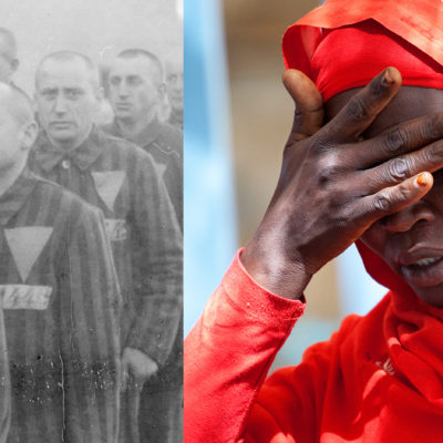 On the left, Jewish prisoners in a concentration camp, on the right a woman wearing a red veil and covering her face