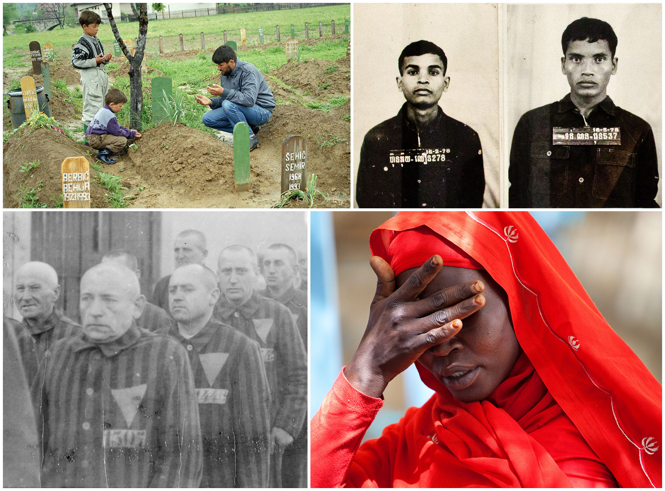 Collage of a family in a cemetery, mugshots of genocide victims, male holocaust victims walking in a line, and a woman from darfur covering her face.