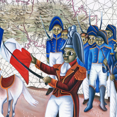 Collage of a map of Hispaniola and illustrations of haitian revolutionaries cutting the white stripe out of the french flag and sewing the new Haitian flag.