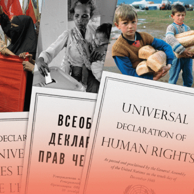 Collage of pamphlets of the Universal Declaration of Human Rights in several languages