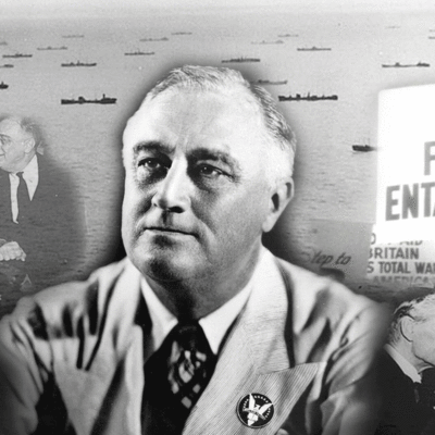 Collage of Franklin Roosevelt, Pearl Harbor, Neville Chamberlain and Hitler, and a sign saying No foreign entanglements
