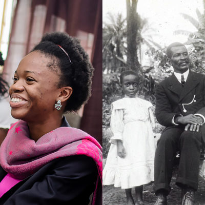 On the left, modern-day young women . On the right, photograph of indigenous paster Esien Esien Ukpabio and his family