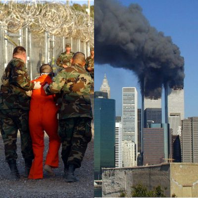 Collage of graffiti art of a woman, two soldiers physically escorting a prisoner, the twin towers burning, and flowers on a memorial of victims of a shooting