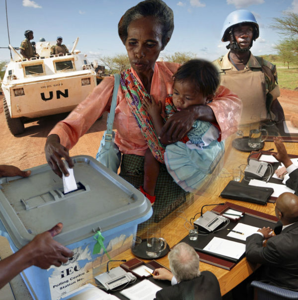Collage of a women voting while holding a child, UN representatives voting, and UN peacekeepers
