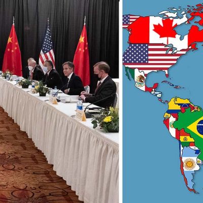 Left image shows international dignitaries seated at two long tables facing each other. Right image is a graphic map of the world with each country's flag imposed over its outline.