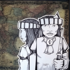 Illustration of two Native Americans with a map of the U.S. in the background