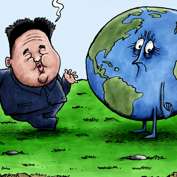 Cartoon of Kim Jong-Un leaning on a missile next to the earth looking worried