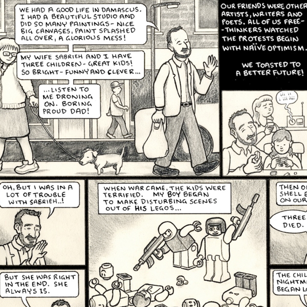 Cartoon of a Syrian refugee describing his life before the war and at the start of the war