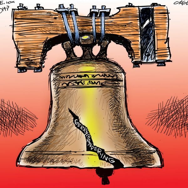 Cartoon of the liberty bell with a large crack labeled Gerrymandering