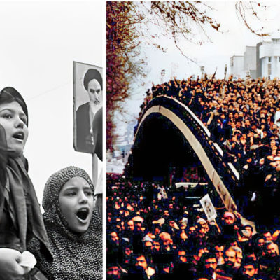 Collage of women protestors and a crowded bridge of protestors