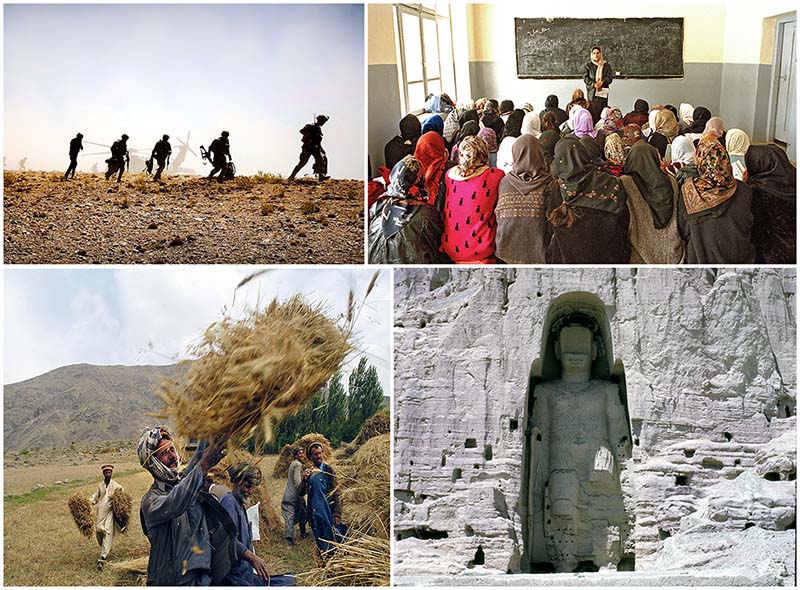 Collage of US soldiers, girls in a classroom, farmers moving grain, and the Buddha of Bamyan