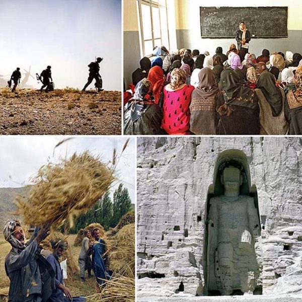 This collage of photos shows silhouettes of three American soldiers walking across a dry field; a classroom full of Afghan girls all wearing head coverings; Afghan men working in the field throwing what looks like bunches of wheat; and an enormous statue of a figure carved into white rock.