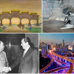 Collage of an illustration of ancient arches, a protestor kicking a tear gas bottle, Richard Nixon meeting Mao Zedong, and Shanghai