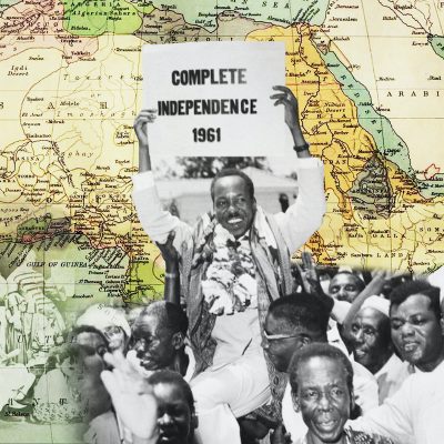 Collage showing a map of Africa and protestors holding up a sign that says complete independence 1961.