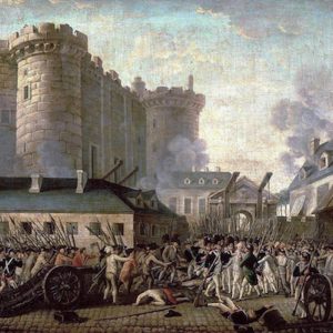 Painting of the French revolution's storming of the Bastille, a large stone prison.