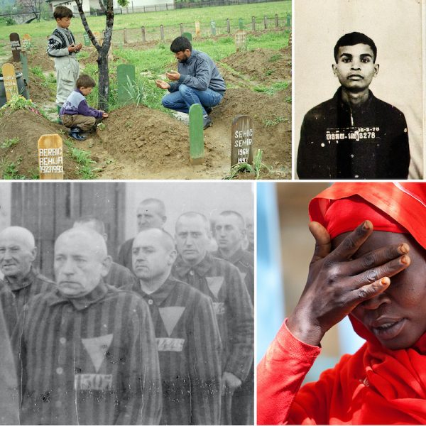 Collage of people crouching in a cemetery, a photo of a prisoner, lines of holocaust prisoners, and a woman holding her hand over her eyes.