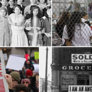 Collage of a black and white photo of immigrant children, people sitting in cages, a protest, and a storefront