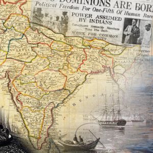 Collage of a map of india, a newspaper, and illustrations of indian boats