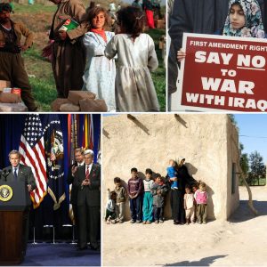 Collage of Kurdish refugee children, a young girl holding a poster that says First amendment right to say no to war with Iraq, President Bush speaking at a podium, and a women with nine kids standing beside their house.