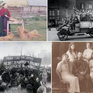 Collage of a peasant woman, Revolutionaries riding on a truck, a street demonstrations, and the Romanov family