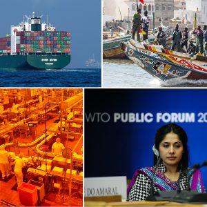 Collage of the Ever Given container ship, a smaller boat, a factory, and a woman at the WTO public forum.
