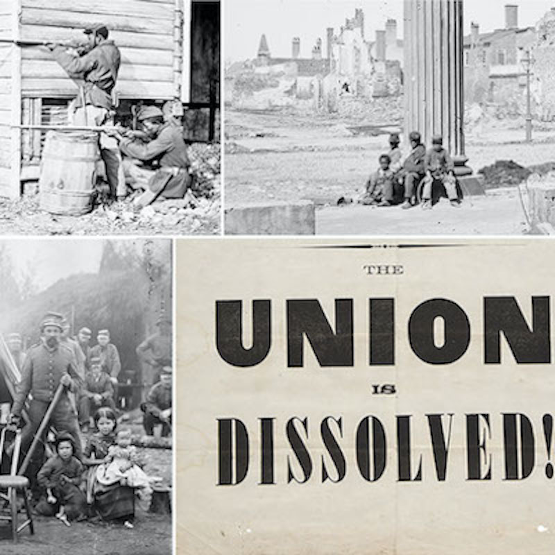 Collage of Black soldiers, children, an army camp, and a poster saying the union is dissolved!