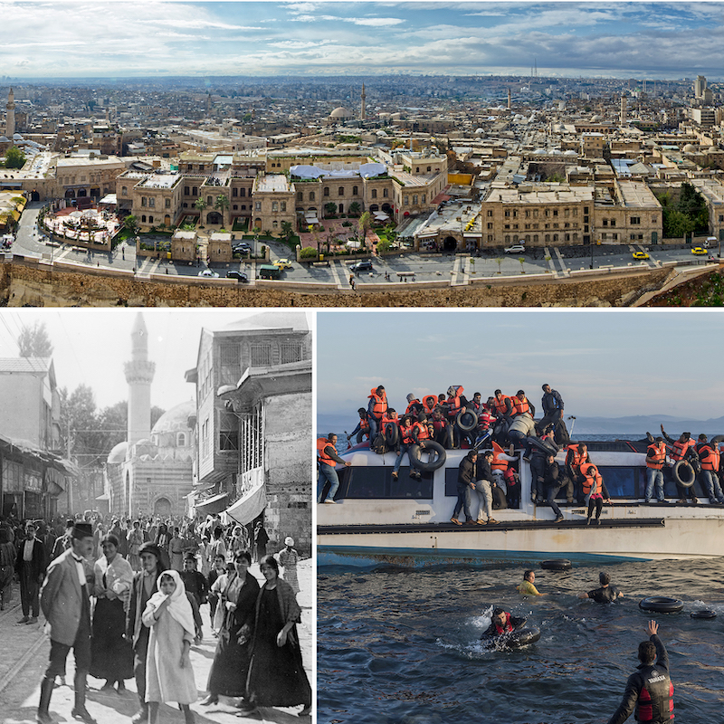 Collage of Aleppo, Syria, people standing in front of a mosque in Damascus, and refugees on a boat in the Mediterranean Sea.