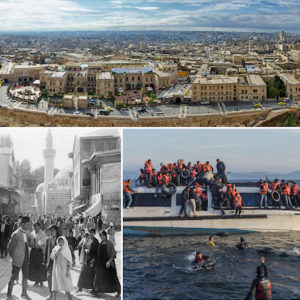 Collage of the Aleppo skyline, people in Damascus, and refugees on a boat in the Mediterranean Sea