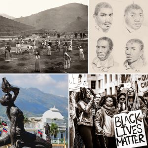 Collage of enslaved people working on a farm, sketches of Black people, the Unknown Maroon statue, and black lives matter protesters.