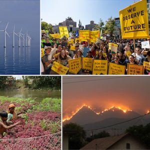 Collage of windmills, a climate change protest, farmers, and a forest fire