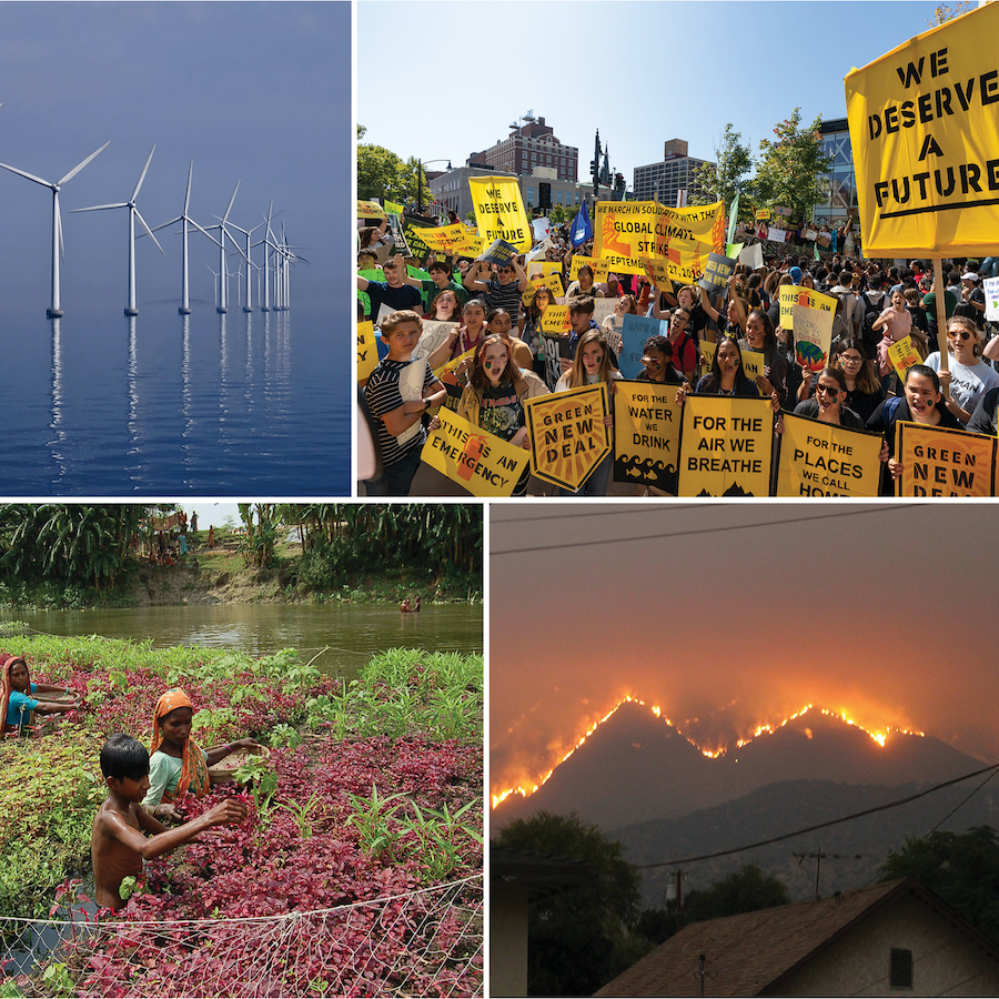 Collage of windmills, a climate change protest, farmers, and a forest fire