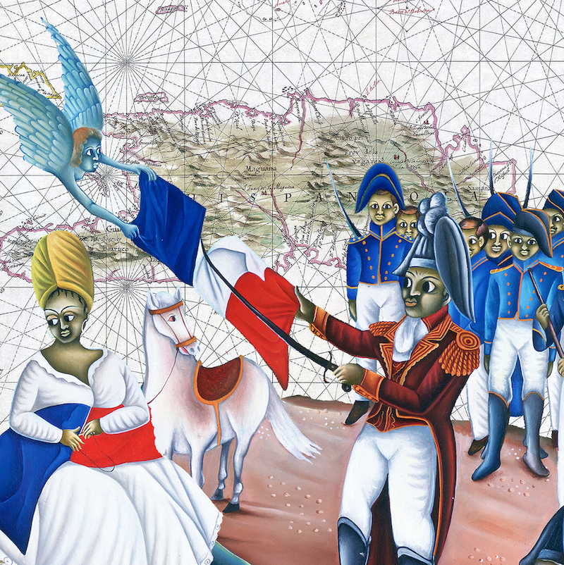 Map of Hispaniola and illustrations of Haitian soldiers and an angel and Toussaint Louverture ripping apart the French flag.