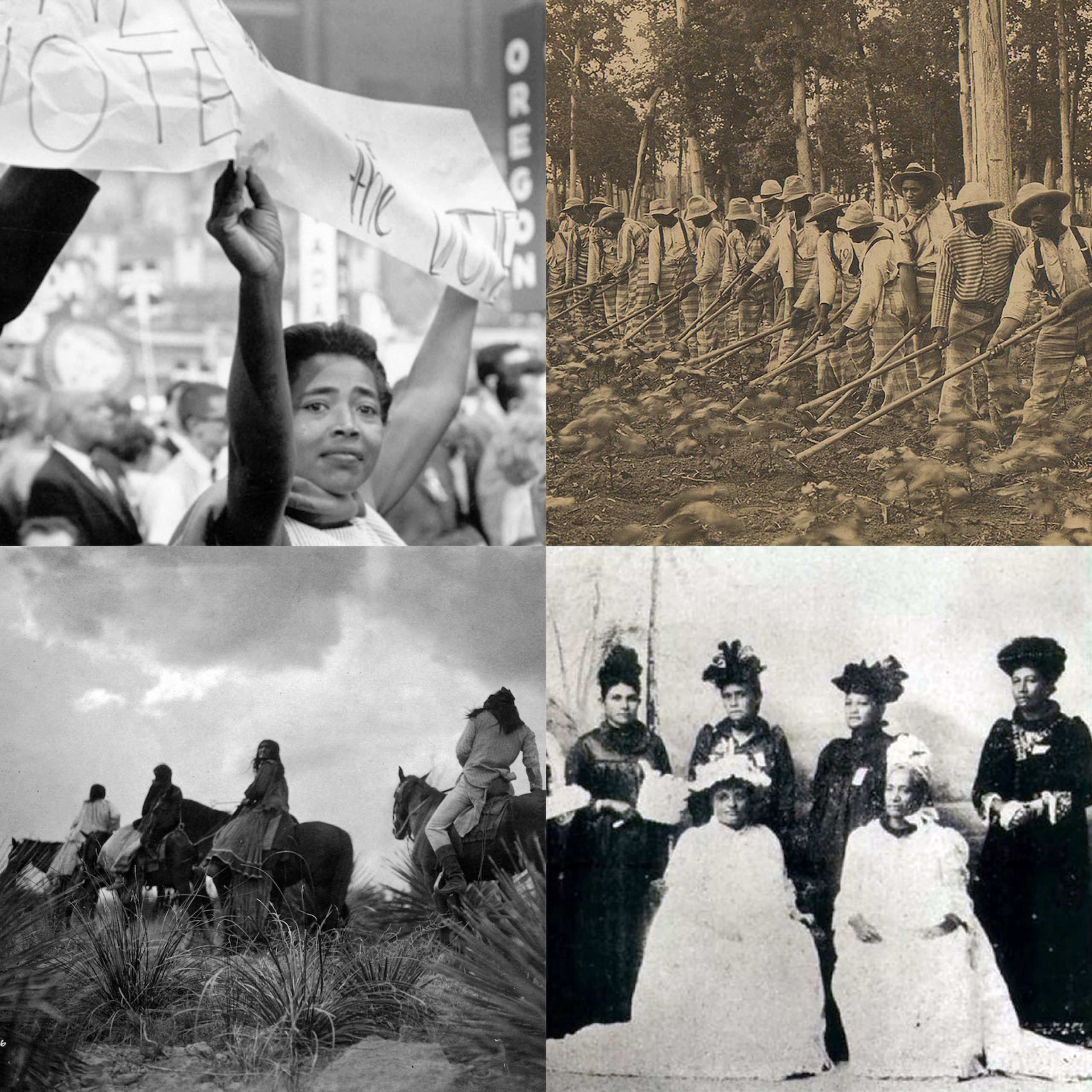 Collage of civil rights protestors, prison laborers farming, people riding horses, and the Hawaiian Patriotic League for Women