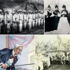 Collage of Filipino soldiers, the Hawaiian Patriotic League for Women, political cartoon of Uncle Sam, and a formal photo of a large group of people under the Cuban flag
