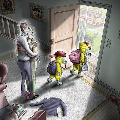 This cartoon shows two parents wearing masks and embracing as they watch their two small children head out the door in full PPE and masks with their school backpacks and lunch boxes.