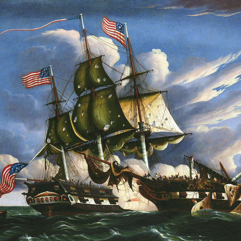 Painting of a battle between two ships, one flying American flags.