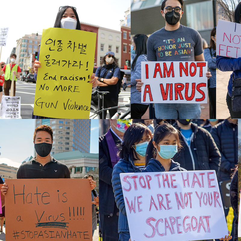 Collage of signs from Anti-Asian hate protests. They read: end racism, I am not a virus, Hate is a virus! Stop the hate. We are not your scapegoat.