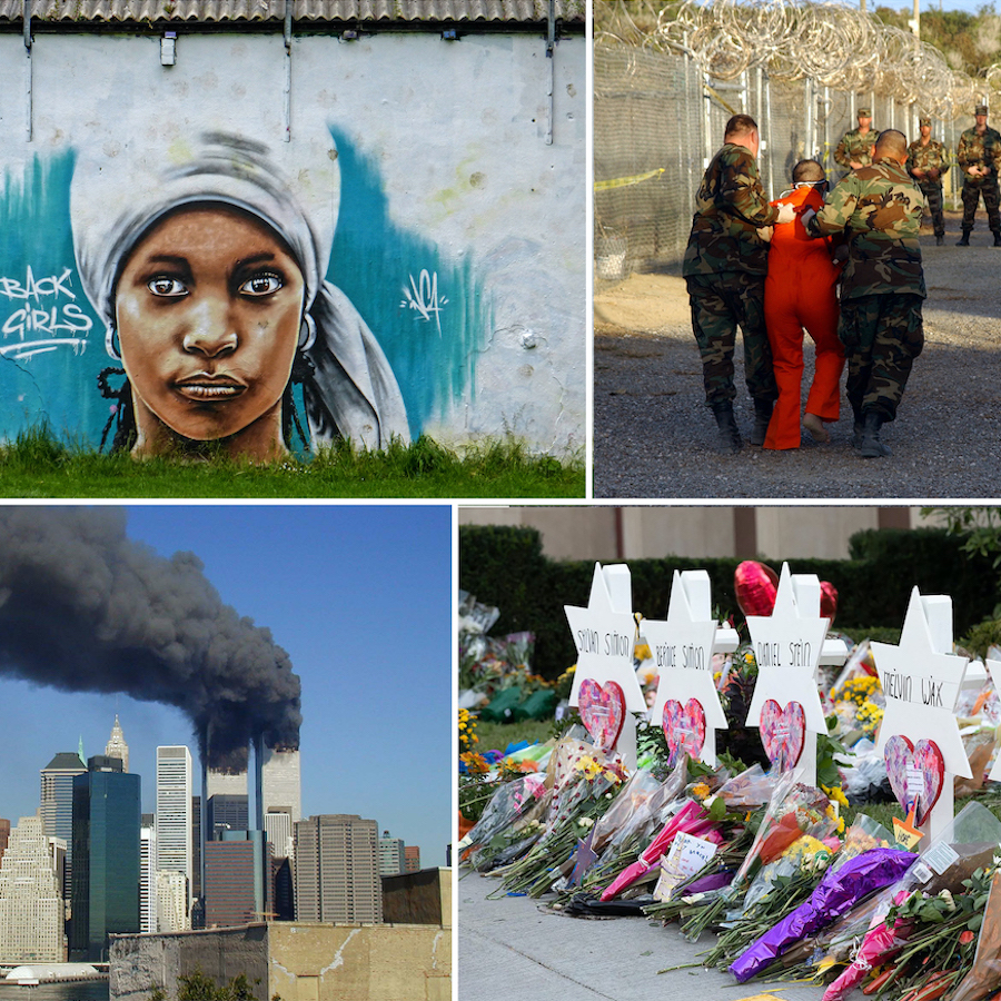 Cover images from Choices curriculum unit on terrorism: collage includes mural of a girls face (one who disappeared in Nigeria in a Boko Haram kidnapping), a prisoner being led by two guards along a fence topped with barbed wire, the Twin Towers with enormous plumes of smoke billowing from them shortly before their collapse, and a row of Star of David gravestone replicas with flowers in front of them as part of a memorial to victims of anti-semitic violence