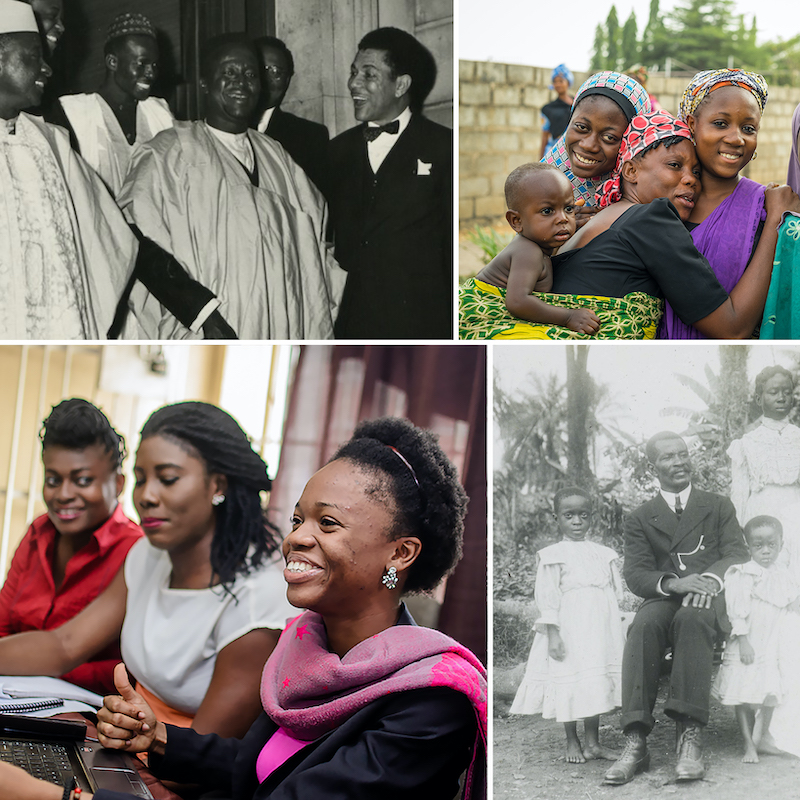 collage of photos from the cover of the Choices Nigeria unit: a black and white photo of a group or men in a mix of traditional clothing and tuxedos, including Sir Kashim Ibrahim; a group of young women in colorful clothing hugging each other and holding a child; a black and white photo of Ukpabio of Adiabo and his family; three women in contemporary clothing working on laptops and smiling broadly