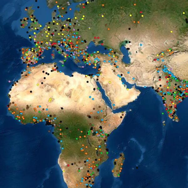 map of the world with colored dots highlighting cases of environmental injustice