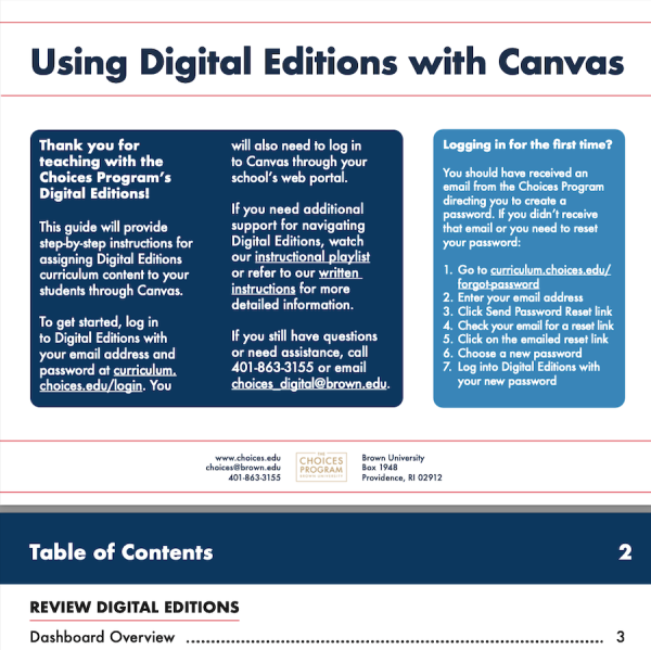 Graphic showing the introduction to the Choices Program's directions for using Digital Editions with Canvas