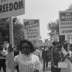 Civil rights march in Washington DC in 1963 with marchers carrying signs that say "We demand equal rights" and "We march for integrated schools" and "We march for an end to police brutality now" and more.